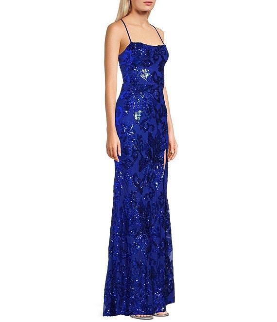 Midnight Doll Floral Sequin-Lace Up Spaghetti Strap Square Neck Dress Product Image