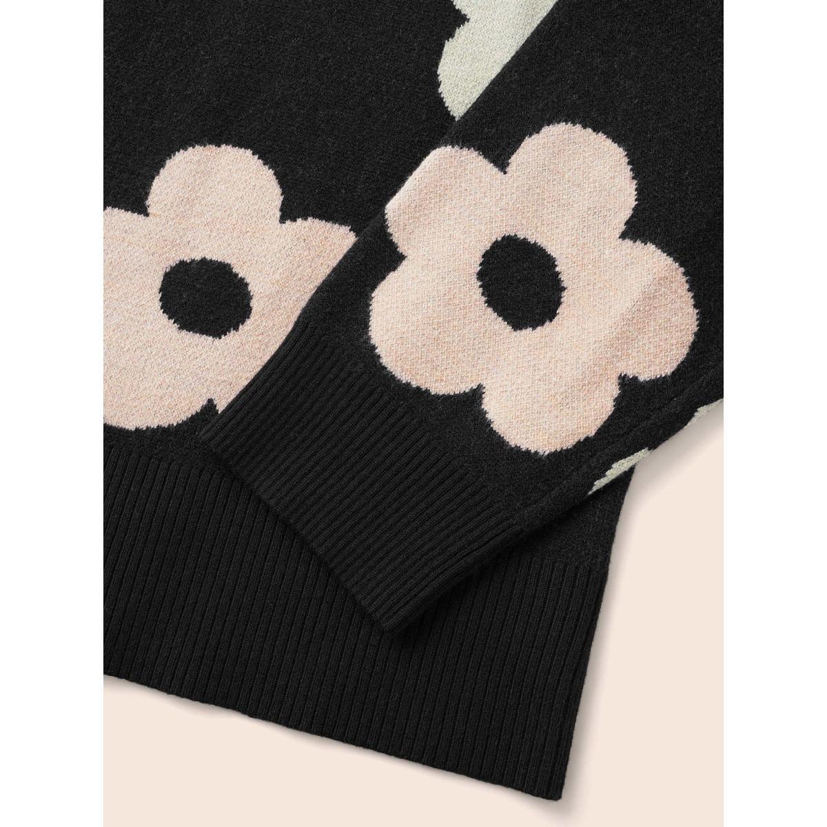 Plus Size Contrast Floral Drop Shoulder Cardigan Black Women Elegant Loose Long Sleeve Everyday Cardigans BloomChic 30/6X Product Image
