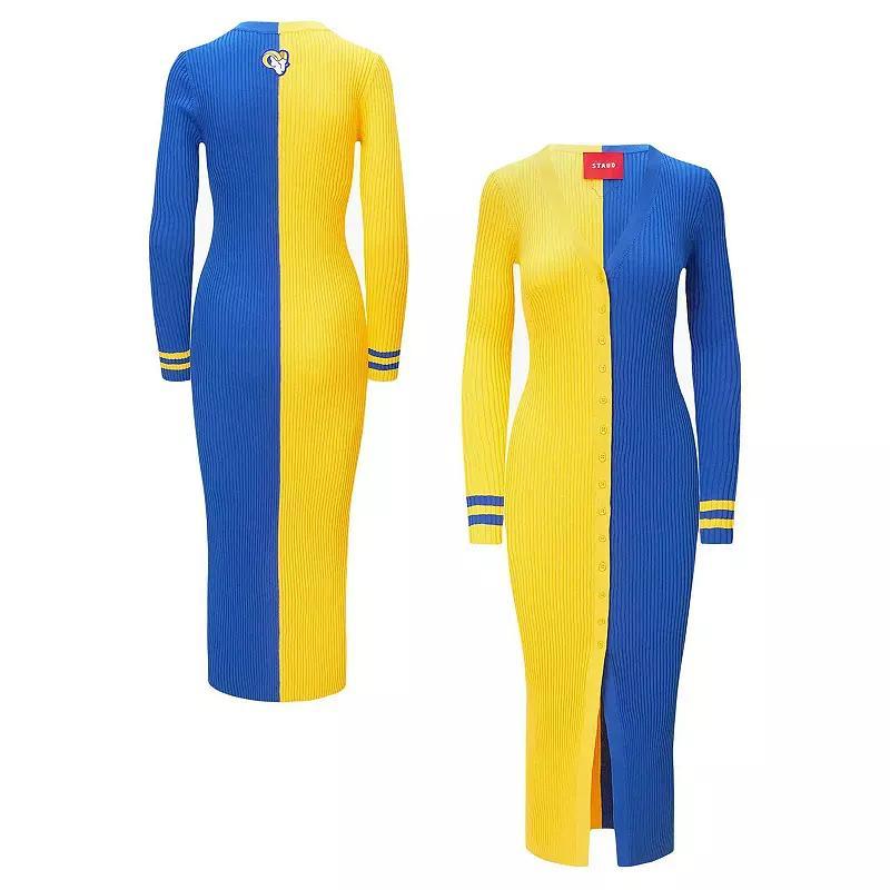 Women's Gold/Royal Los Angeles Rams Shoko Knit Button-Up Sweater Dress, Size: XL Product Image