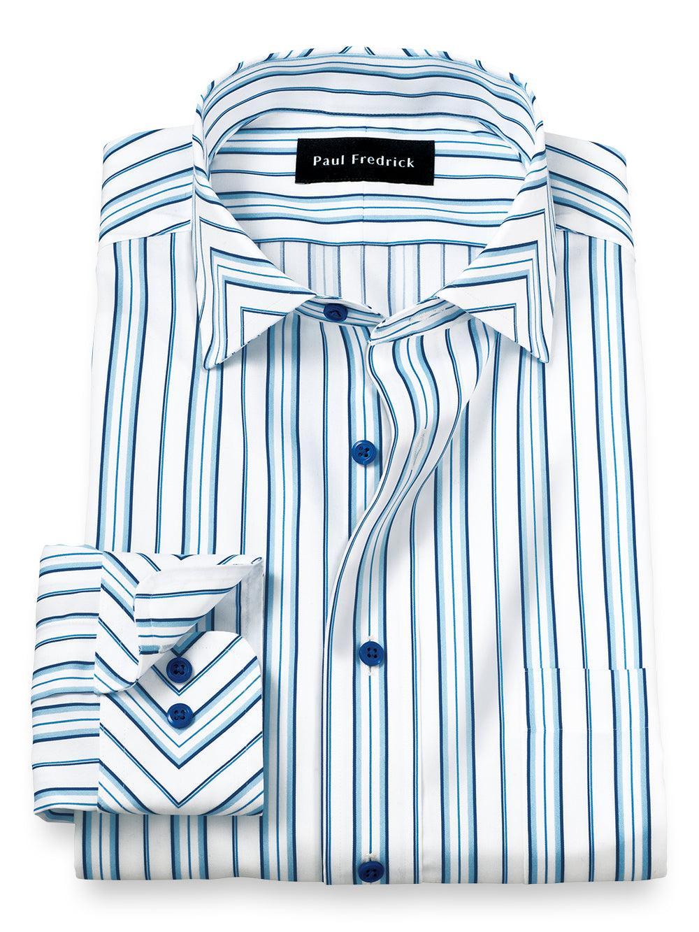 Non-Iron Cotton Stripe Dress Shirt With Contrast Trim - Blue Product Image