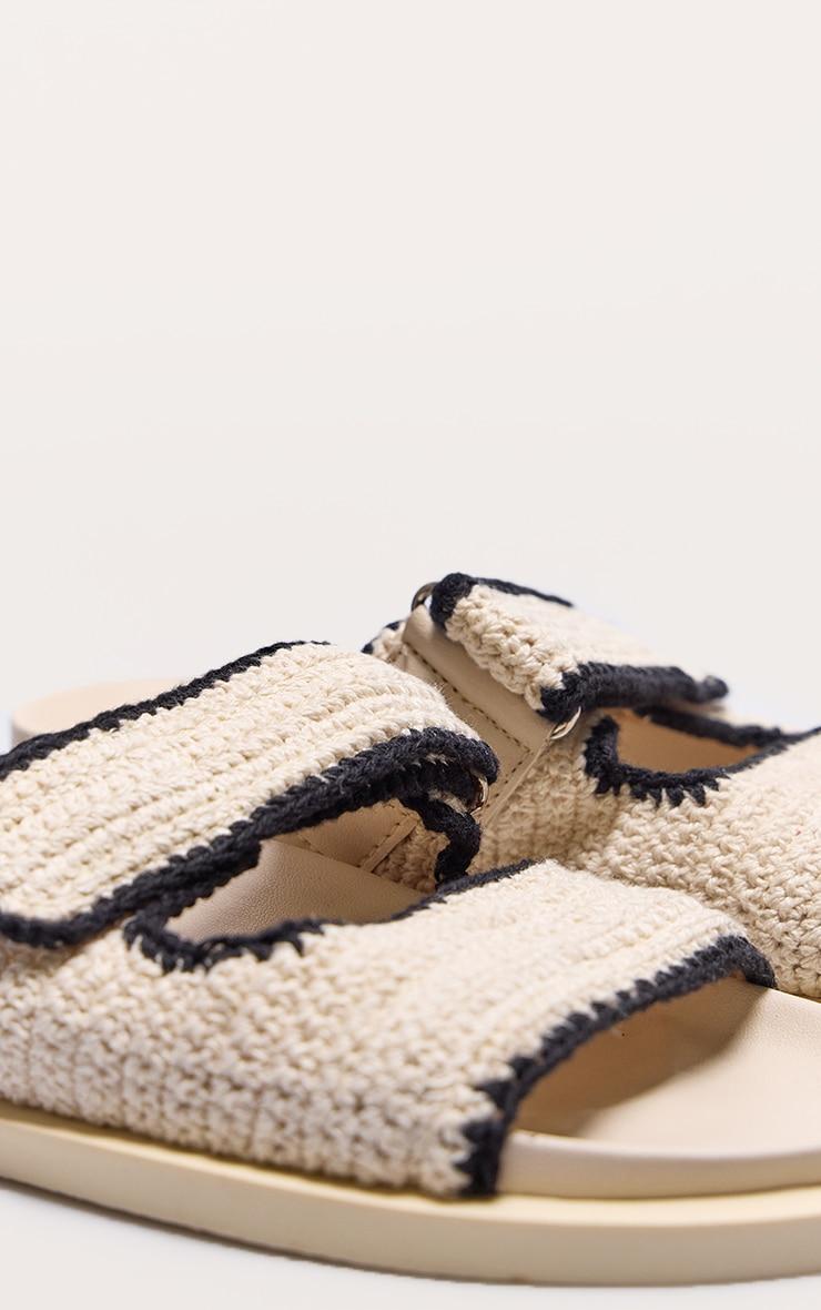 Cream Contrast Round Toe Crochet Velcro Strap Flat Footbed Sandals Product Image