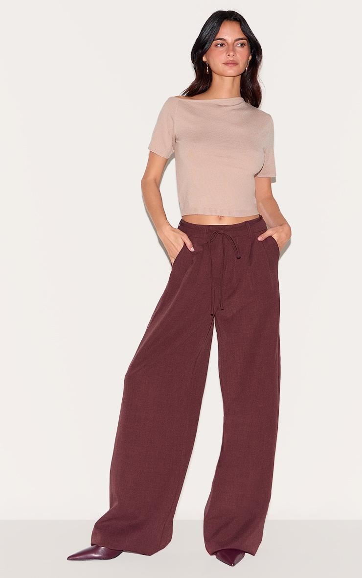 Taupe Basic Knit Asymmetric Neckline Top Product Image