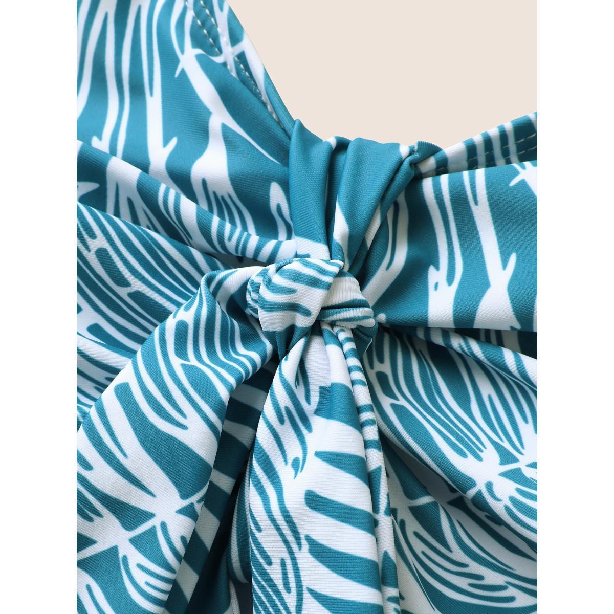 Plus Size Tropical Print Knotted Gathered One Piece Swimsuit Women's Swimwear Cerulean Beach Gathered Curve Bathing Suits High stretch One Pieces BloomChic 26/4X Product Image