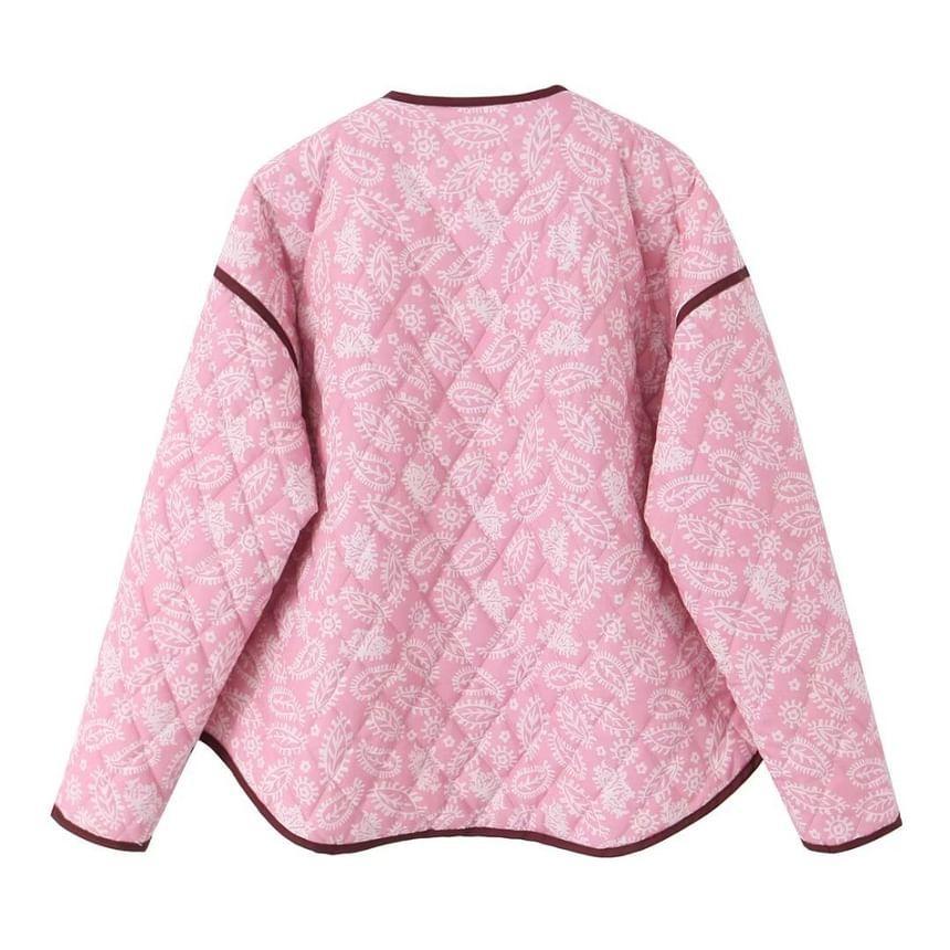 V-Neck Paisley Print Contrast Trim Quilted Button-Up Jacket Product Image