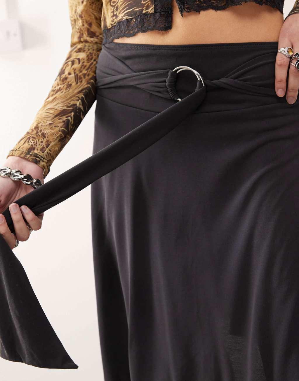 COLLUSION low rise midi skirt in soft touch black with ring detail Product Image