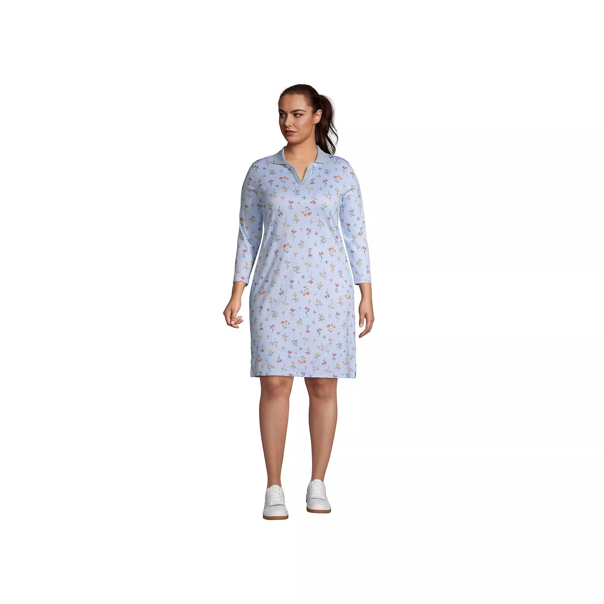 Plus Size Lands' End Supima Cotton Polo Dress, Women's, Size: 1XL, Blue Floral Check Product Image