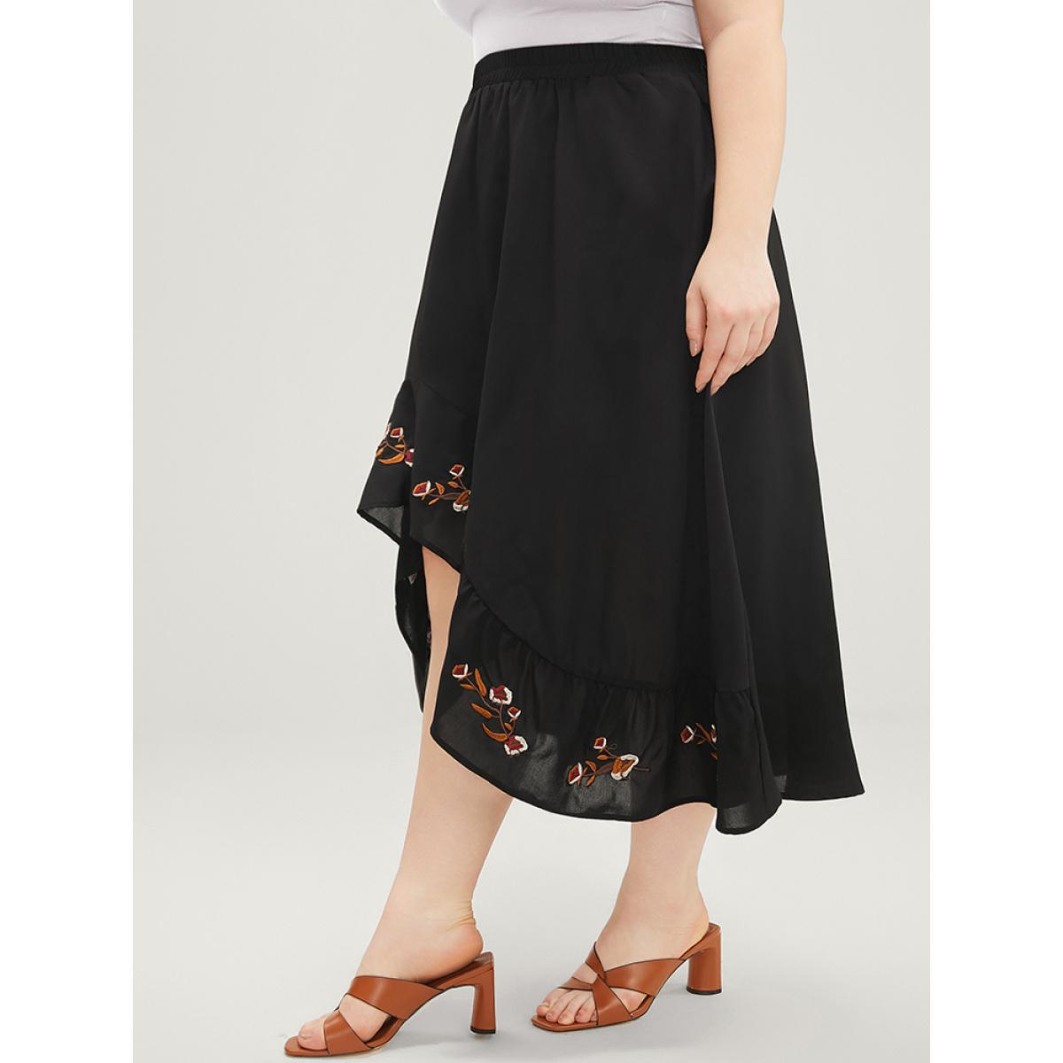 Plus Size Floral Embroidered Pocket Asymmetrical Hem Skirt Women Black Vacation Embroidered Loose No stretch Pocket Dailywear Skirts BloomChic 10/M Product Image