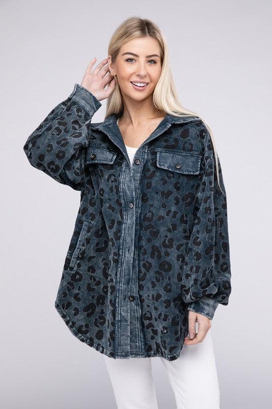 Vintage Washed Leopard Corduroy Buttoned Jacket Product Image
