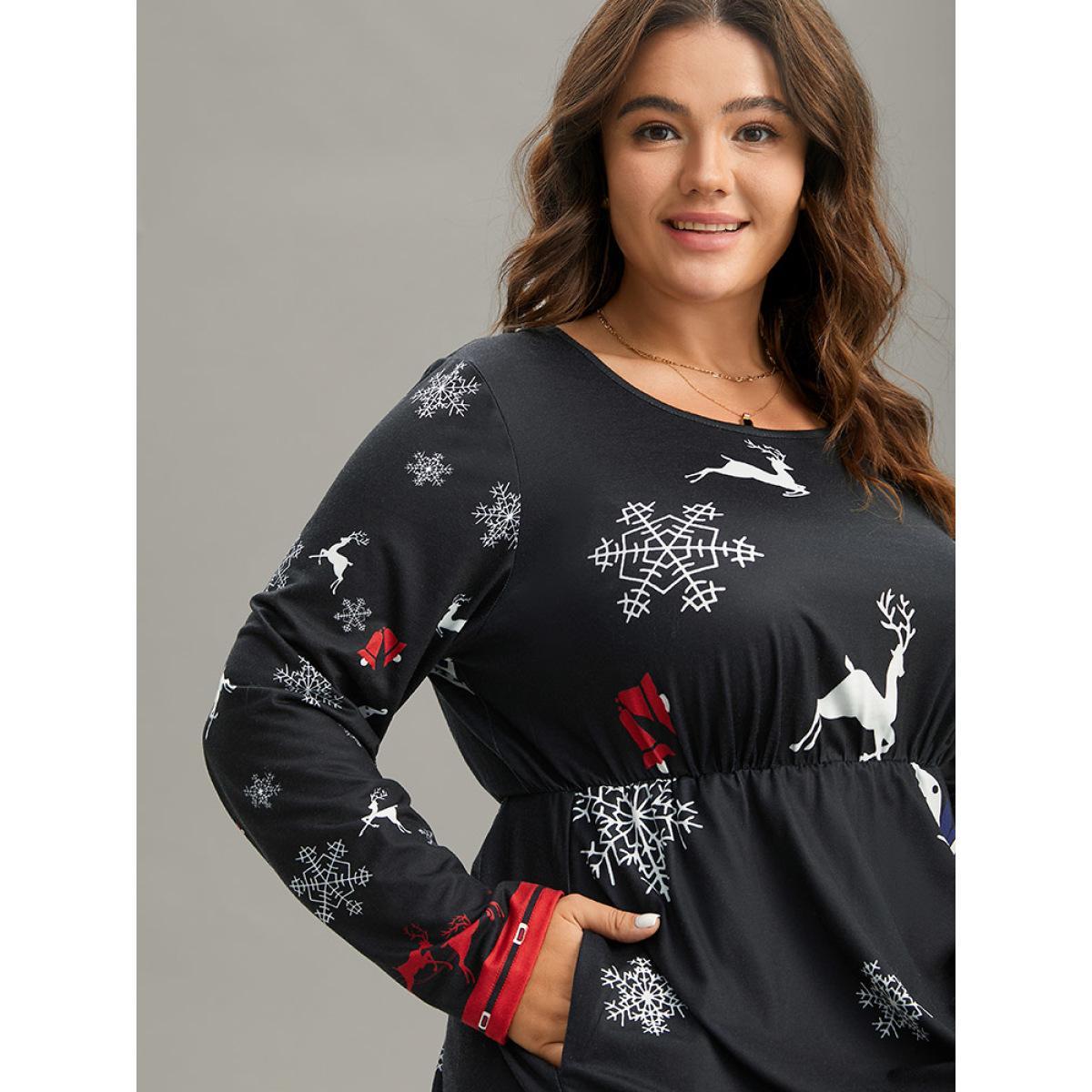 Plus Size Christmas Elk Print Contrast Elastic Waist Dress Black Women Office Printed Round Neck Long Sleeve Curvy Midi Dress BloomChic 22-24/3X Product Image