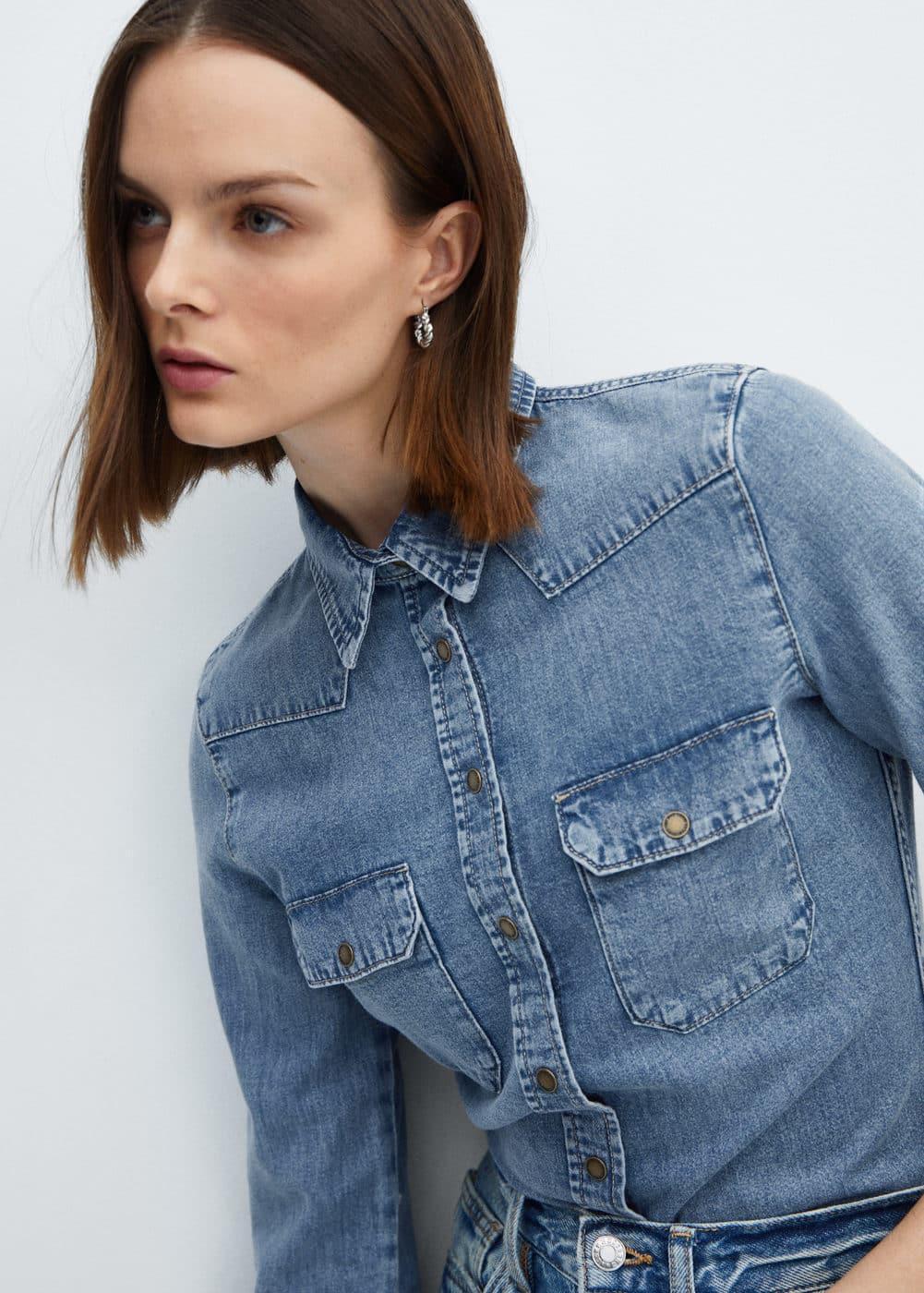 Mango Womens Chest-Pocket Denim Shirt Product Image
