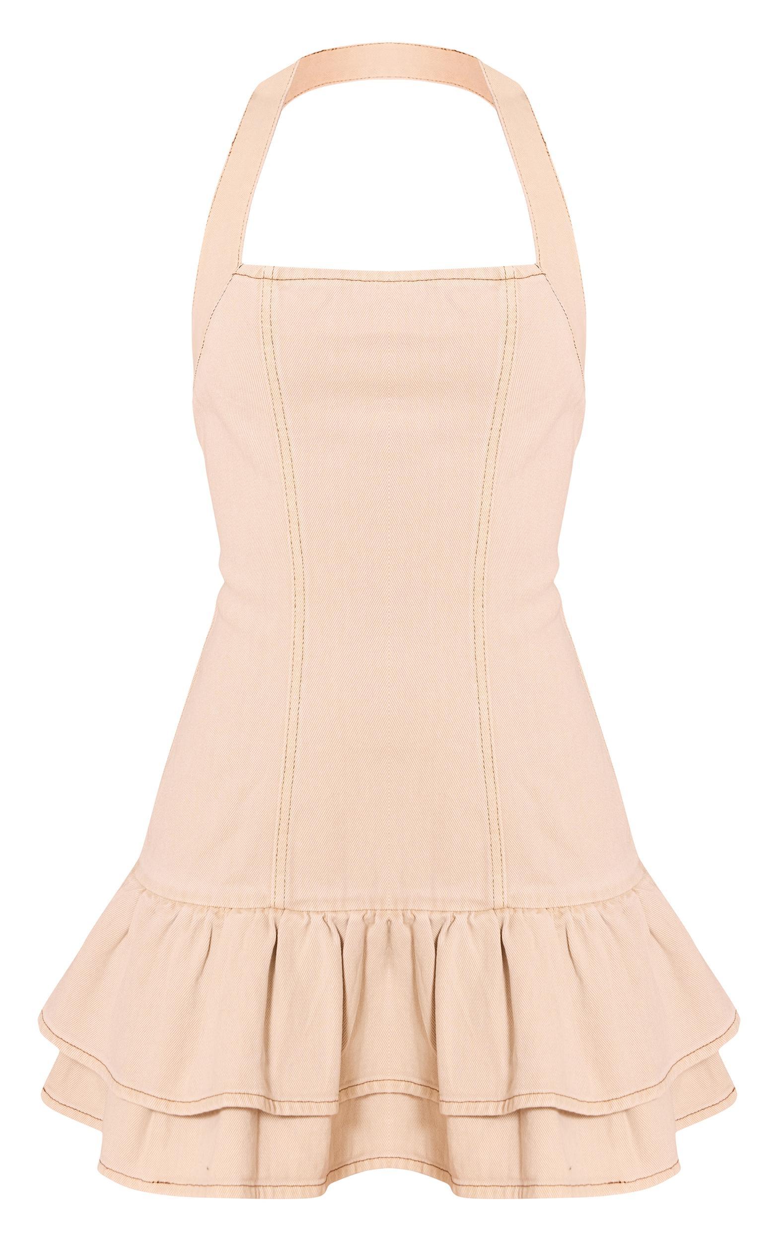 Tall Stone Halter Neck Frill Denim Mini Dress Product Image