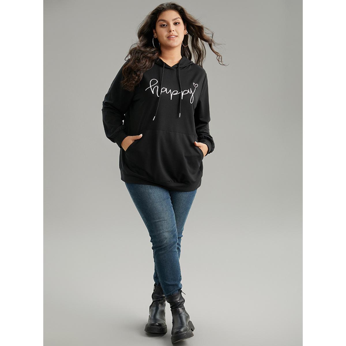 Plus Size Positive Slogans Print Kangaroo Pocket Hooded Sweatshirt Women Black Casual Printed Dailywear Sweatshirts BloomChic 22-24/3X Product Image