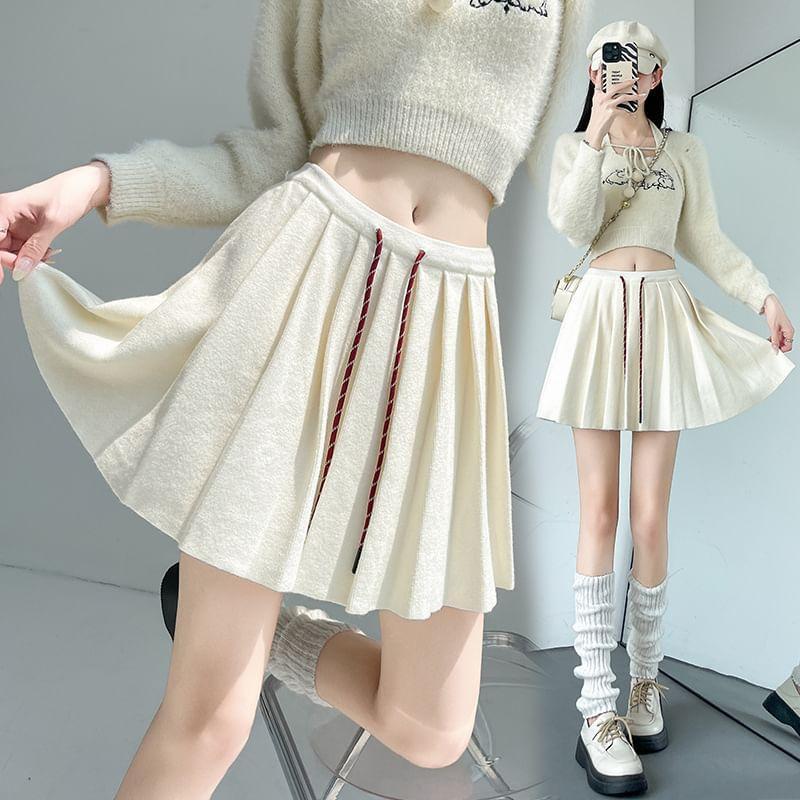Drawstring Waist Pleated Mini A-Line Knit Skirt Product Image