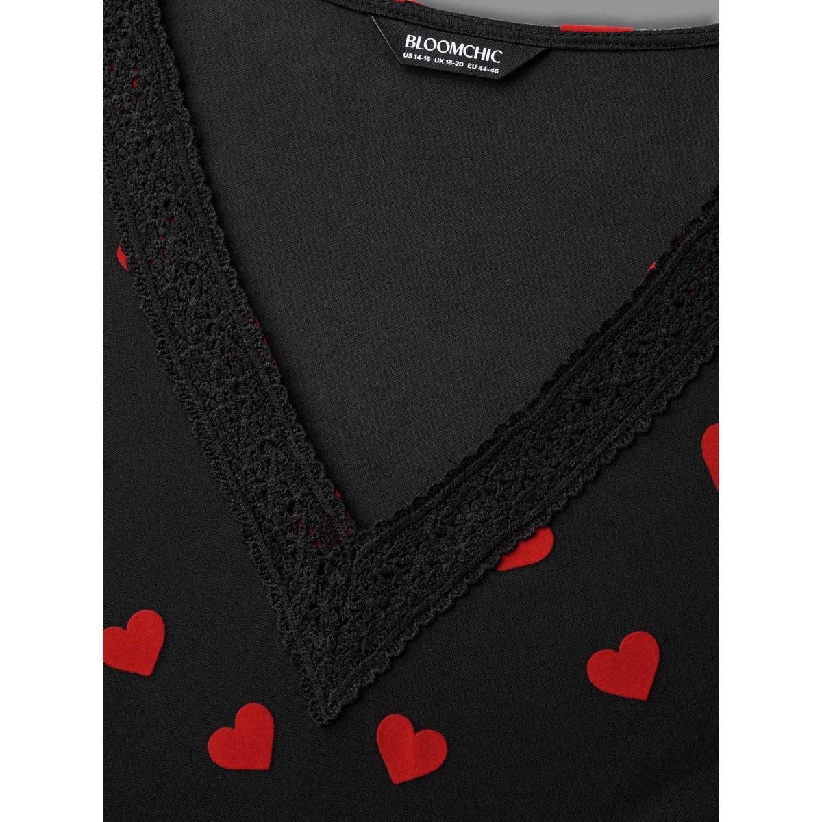 Plus Size Black V-Neck Hearts Mesh Lace Detailing Blouse Women Elegant Elbow-length sleeve V-neck Everyday Blouses BloomChic 10/M Product Image