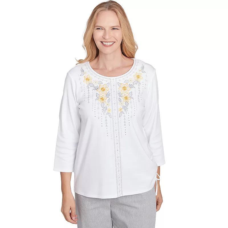 Petite Alfred Dunner Linear Knit Floral Embroidered Crewneck Top, Women's, Size: XL Petite, White Product Image