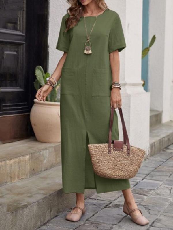 High Waisted Loose Pockets Solid Color Split-front Round-neck Midi Dresses Product Image