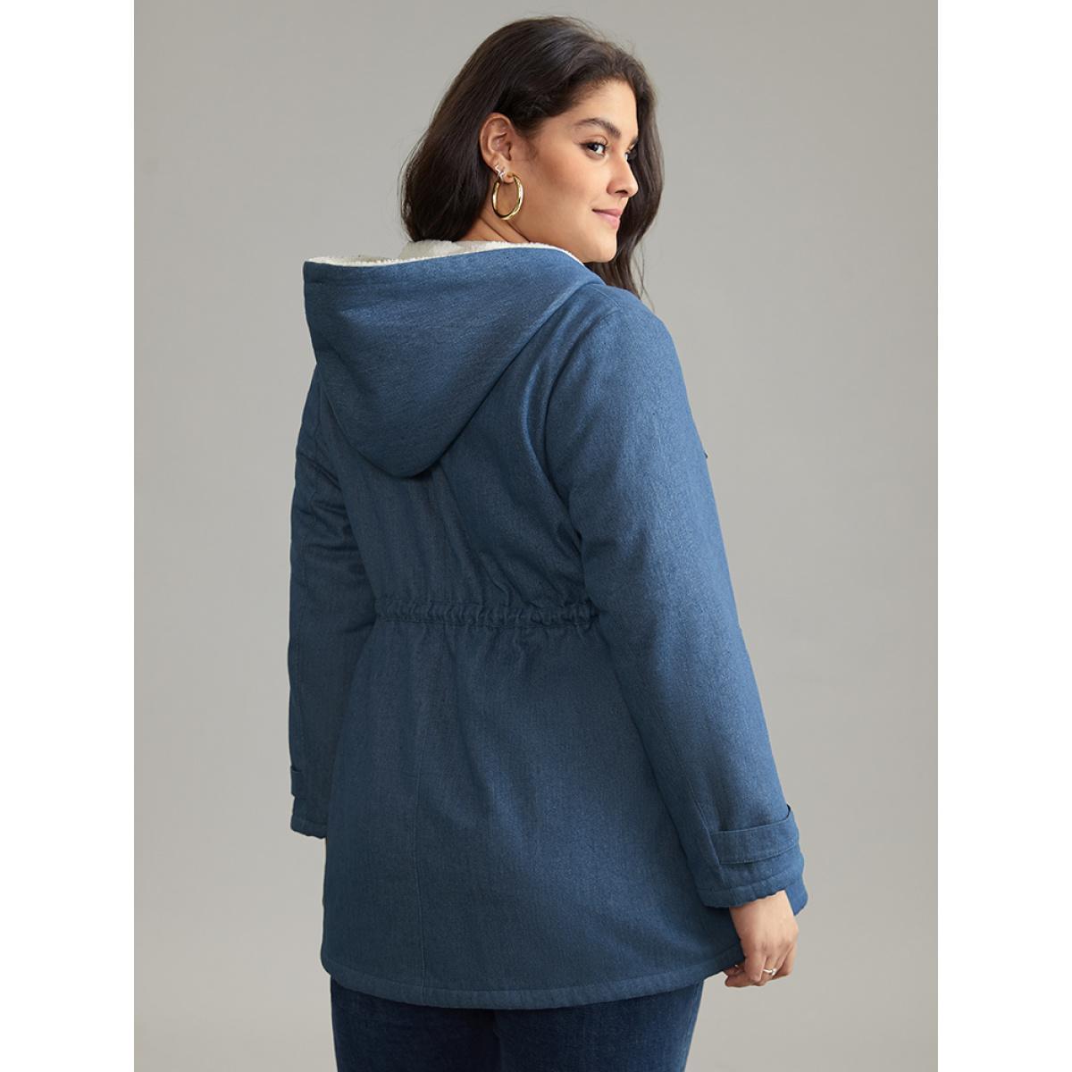 Plus Size Denim Patchwork Fuzzy Trim Drawstring Hooded Coat Women LightBlue Casual Contrast Ladies Dailywear Winter Coats BloomChic 28/5X Product Image