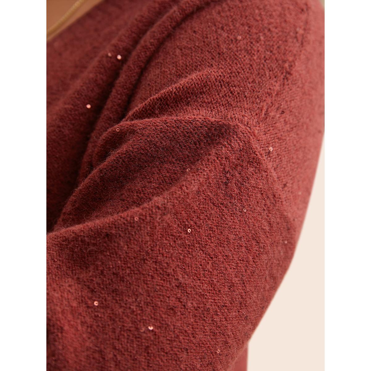 Plus Size V Neck Glitter Dropped Shoulder Split Hem Pullover Deepred Women Casual Loose Long Sleeve V-neck Everyday Pullovers BloomChic 12/L Product Image