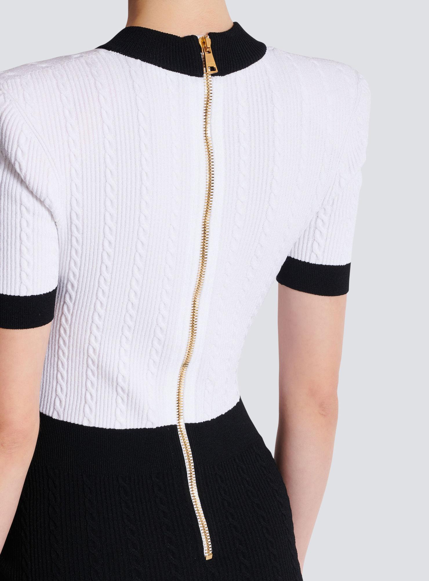 BALMAIN V-neck Buttoned Strong-shoulder Torsade Knit Mini Dress In White Product Image
