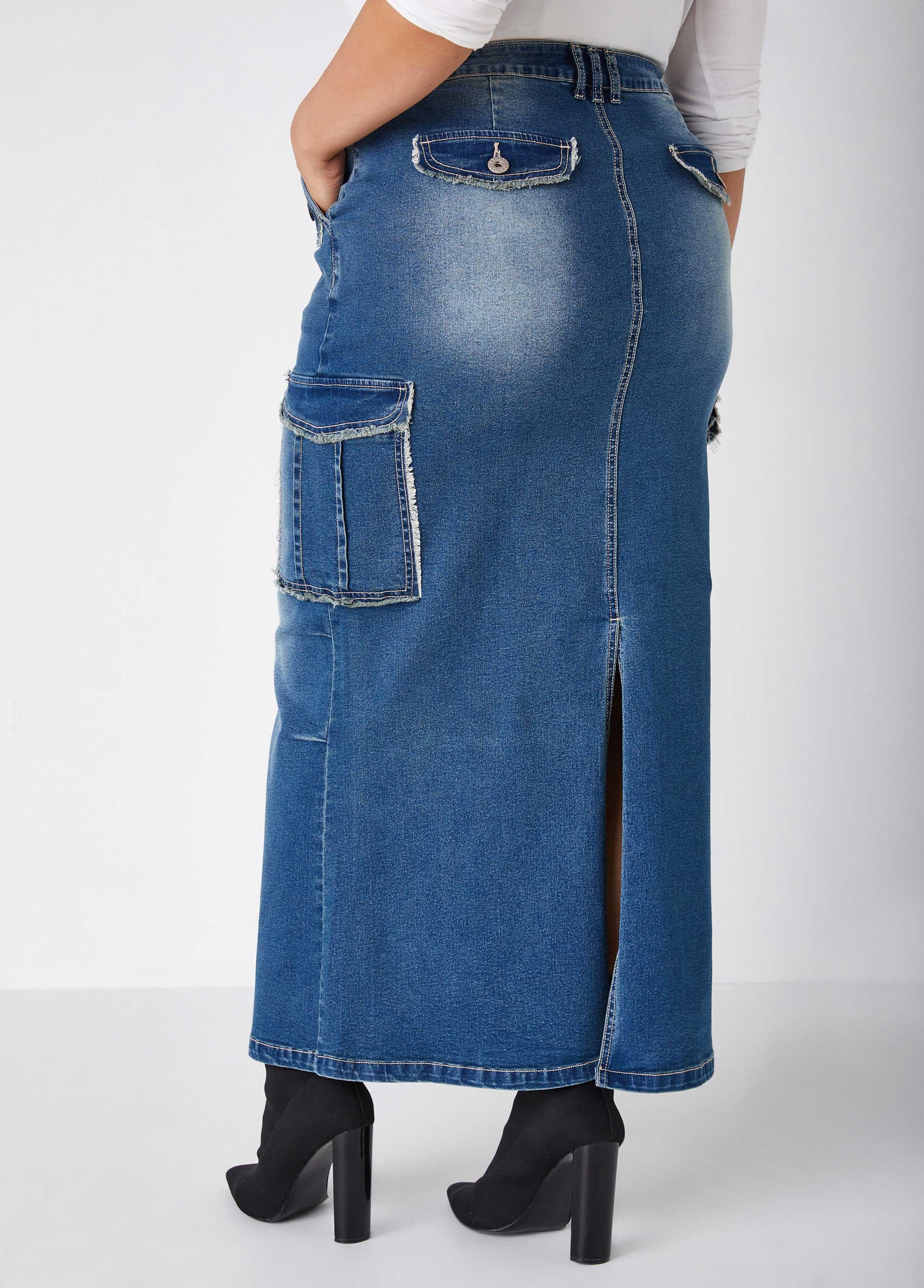 Plus Size Frayed Denim Cargo Maxi Skirt Ashley Stewart Product Image