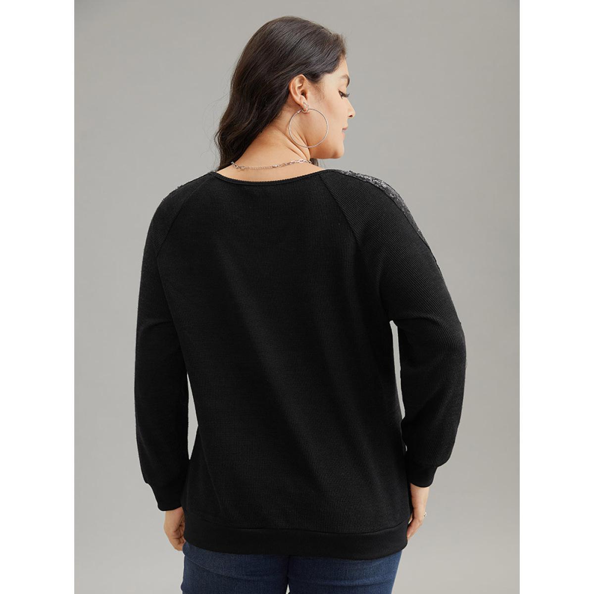 Plus Size Sequin Patchwork Raglan Sleeve Plisse Sweatshirt Women Black Casual Rib Knit V-neck Dailywear Sweatshirts BloomChic 30/6X Product Image