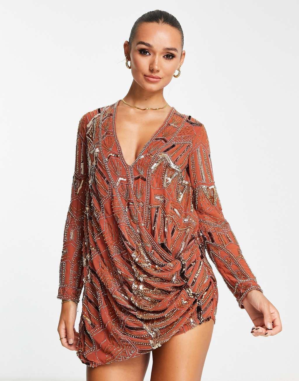 ASOS DESIGN embellished shift mini dress with drape front detail Product Image
