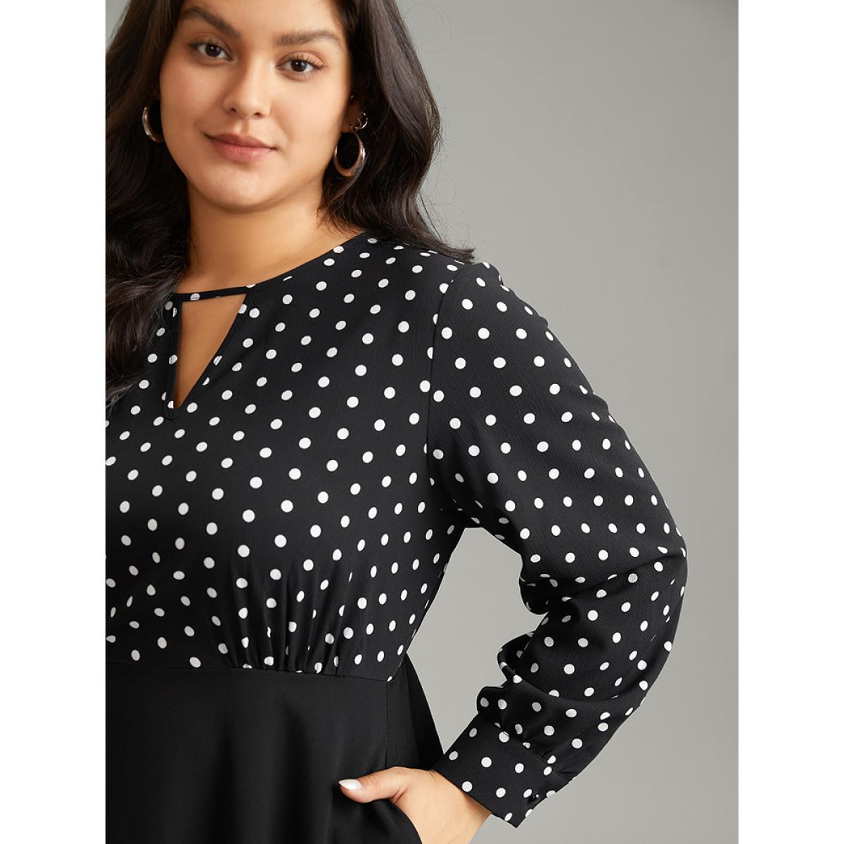Plus Size Polka Dot Keyhole Patchwork Dress Black Women At the Office Printed Keyhole Cut-Out Long Sleeve Curvy Knee Dress BloomChic 14-16/1X Product Image