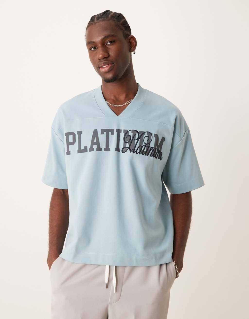 ASOS DESIGN boxy oversized t-shirt in premium heavyweight cut and sew blue with chest print Product Image