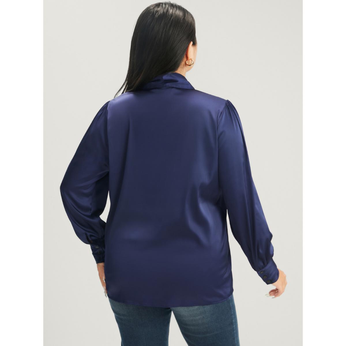 Plus Size Indigo Solid Knotted V Neck Satin Blouse Women Office Long Sleeve Tie Neck Work Blouses BloomChic 30/6X Product Image