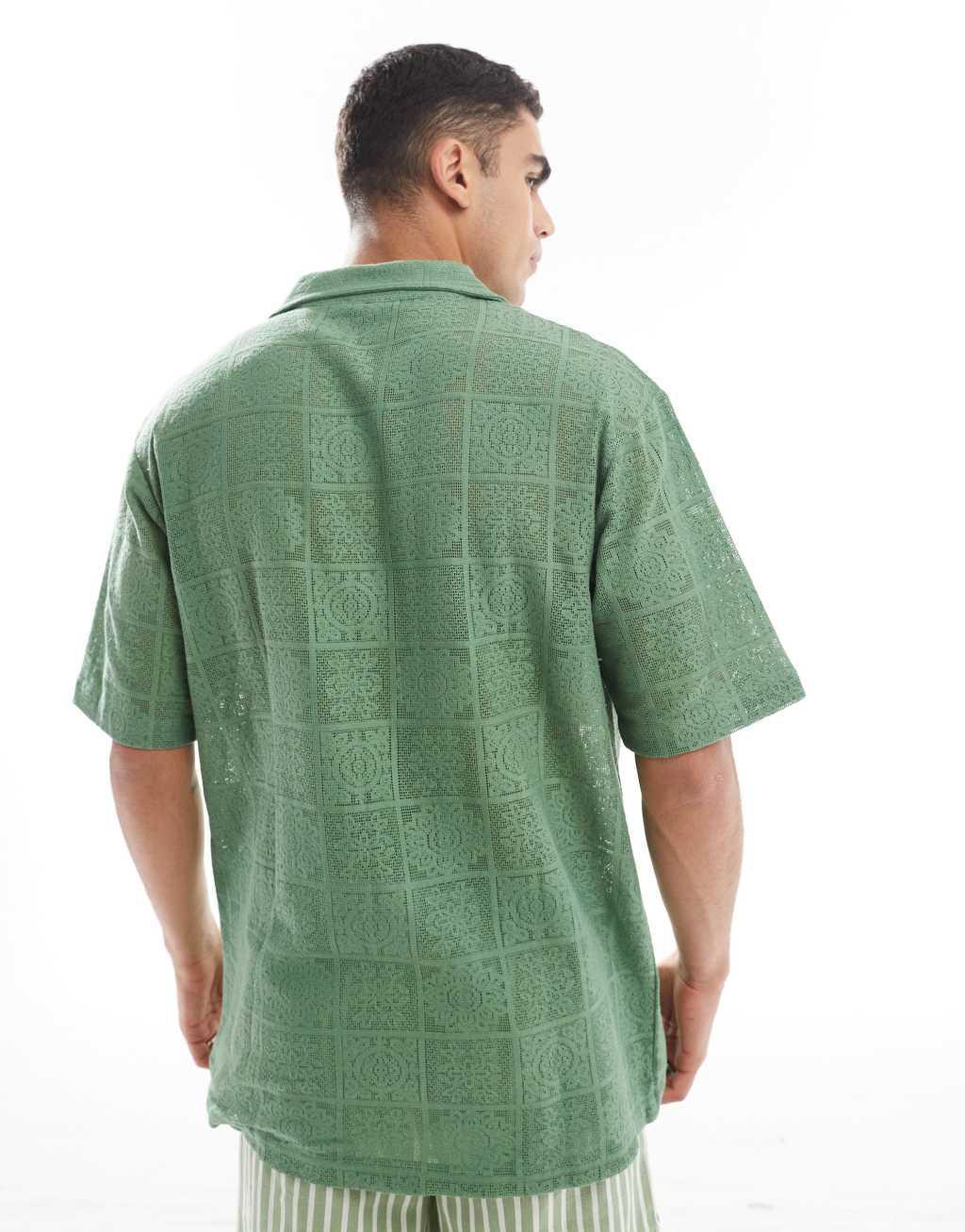 Sol Beach crochet short sleeve beach shirt in olive Product Image