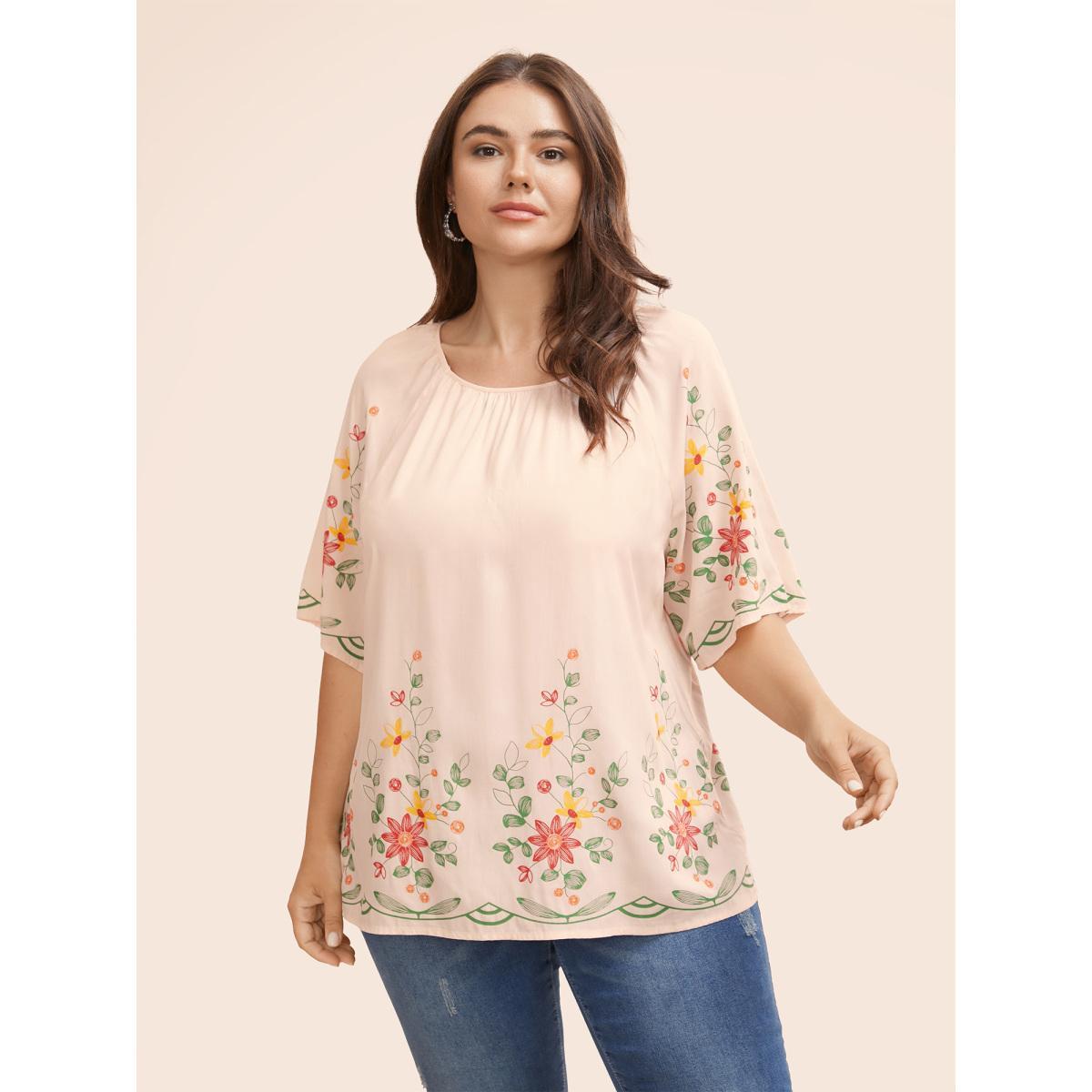 Plus Size Beige Boho Print Gathered Ruffle Sleeve Blouse Women Elegant Half Sleeve Round Neck Everyday Blouses BloomChic 18-20/2X Product Image