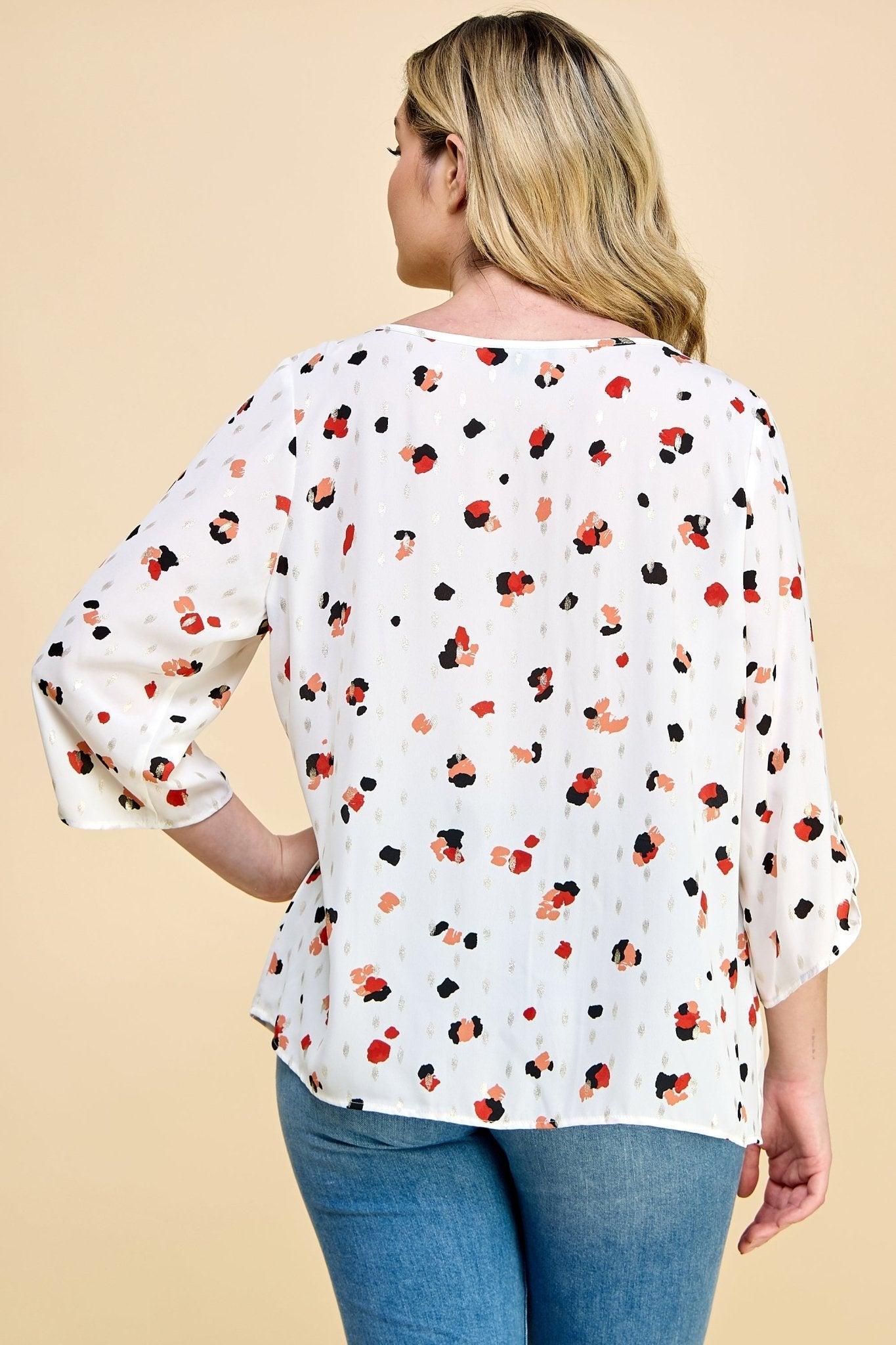 Sara Michelle Cheetah 3/4 Button Tab Sleeve Chain Trim Neck Blouse - Plus Product Image