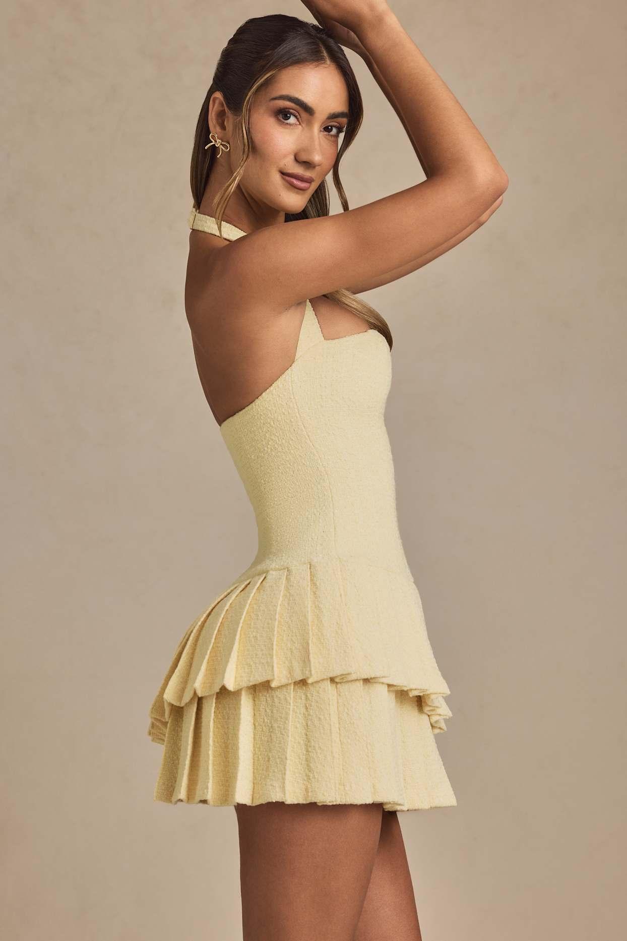 Asymmetric Layered Halterneck Mini Dress in Pastel Yellow Product Image