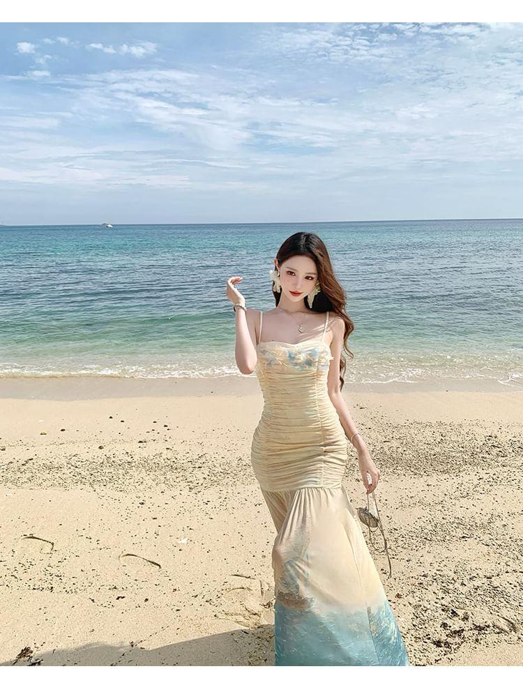 Spaghetti Strap Sea Print Floral Shirred Midi Mermaid Dress Product Image