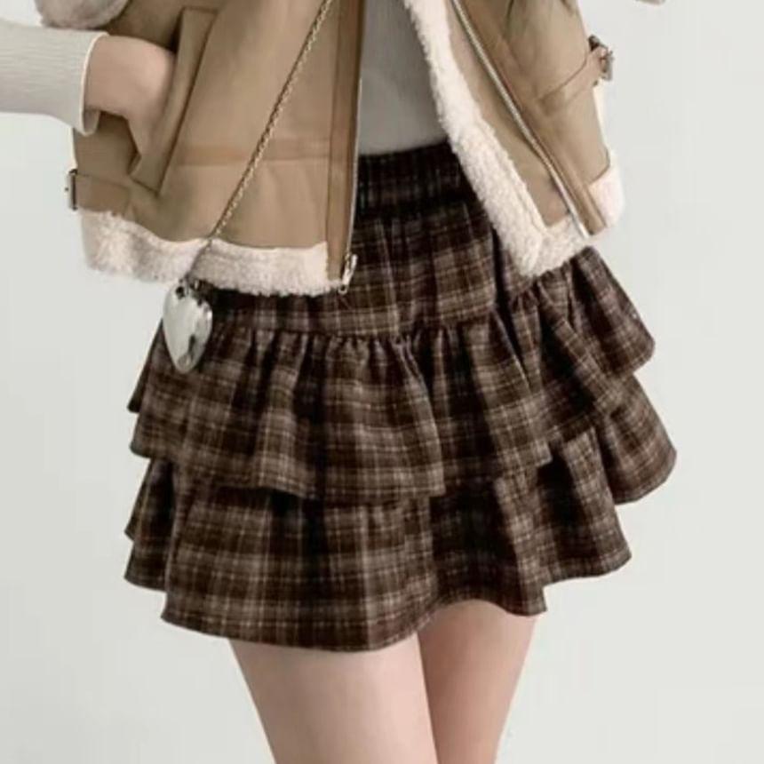 High Waist Plaid Ruffle Hem Tiered Skirt Product Image