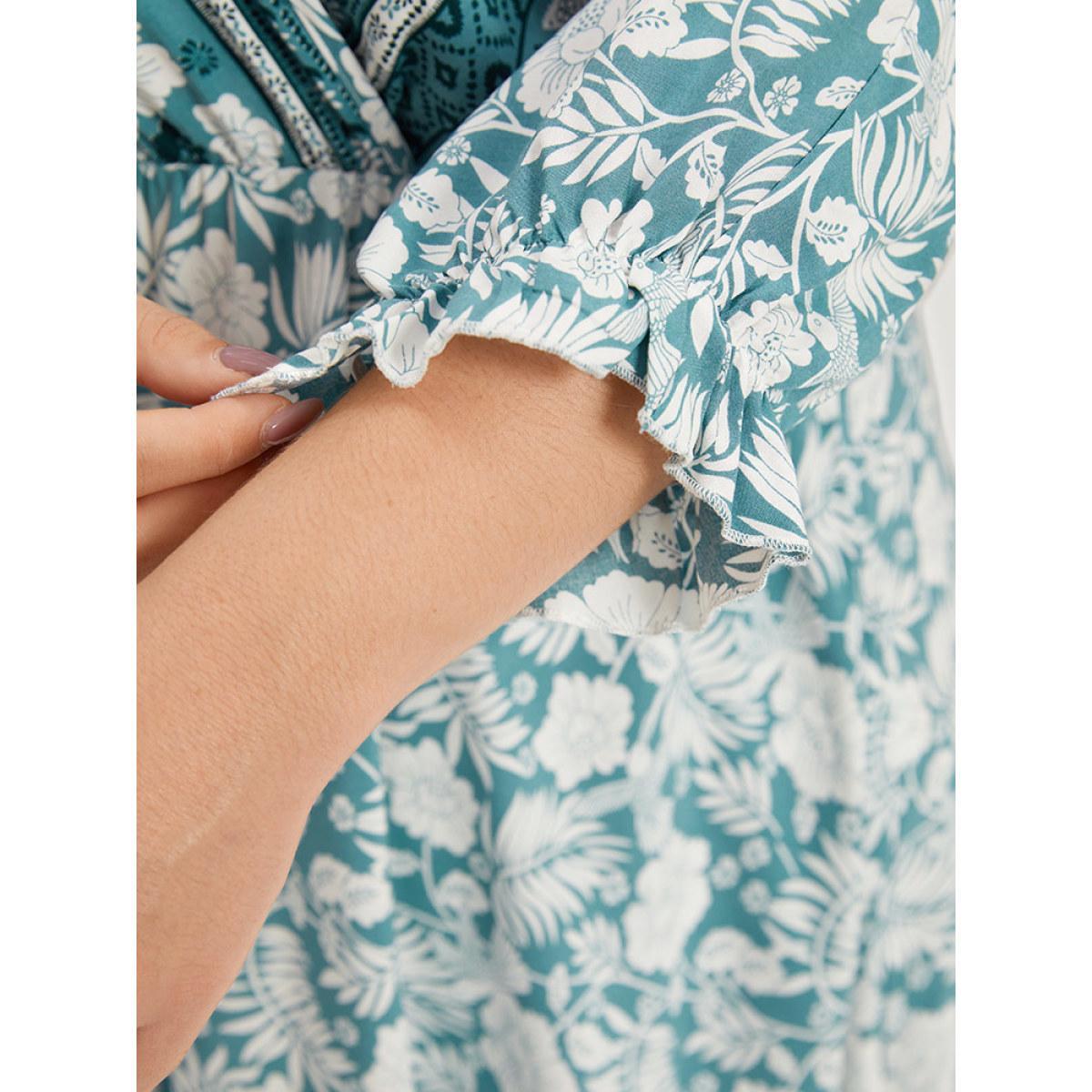 Plus Size Floral Print Pocket Surplice Neck Ruffle Trim Dress Turquoise Women Vacation Elastic cuffs V-neck Elbow-length sleeve Curvy Midi Dress BloomChic 28/5X Product Image