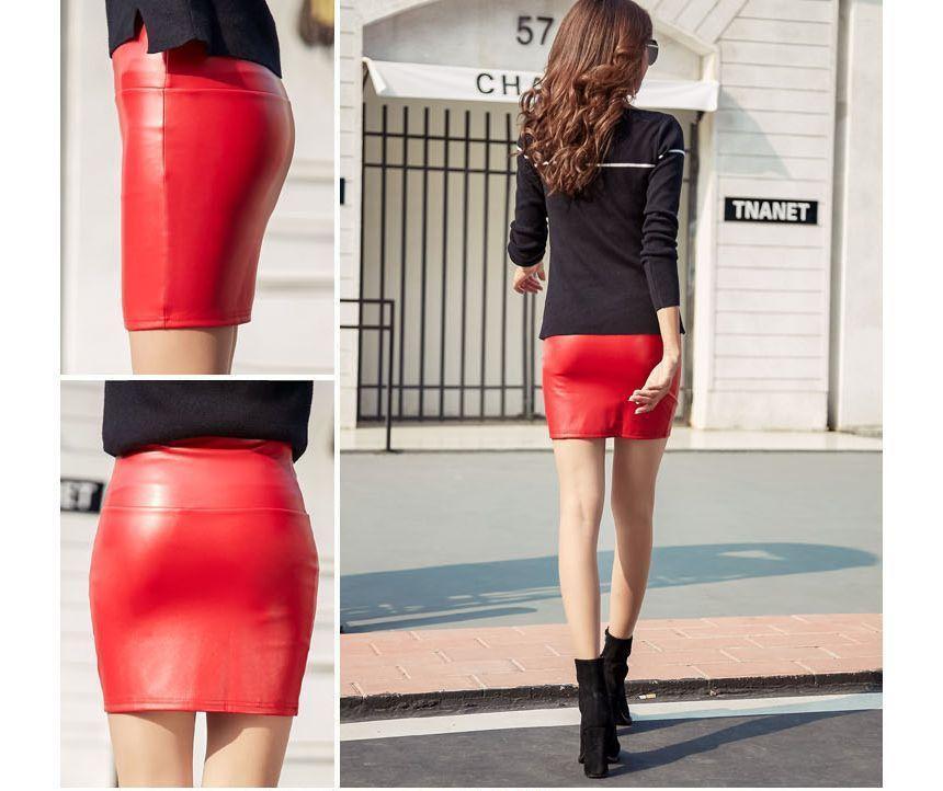 High Rise Plain Faux Leather Mini Pencil Skirt Product Image