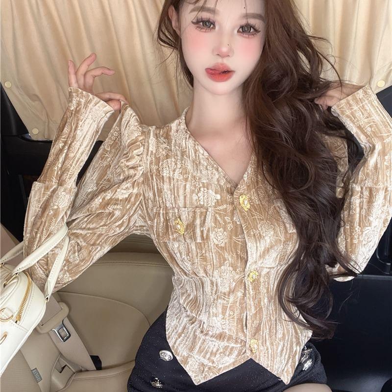 Long Sleeve V-Neck Floral Print Cropped Blouse Product Image