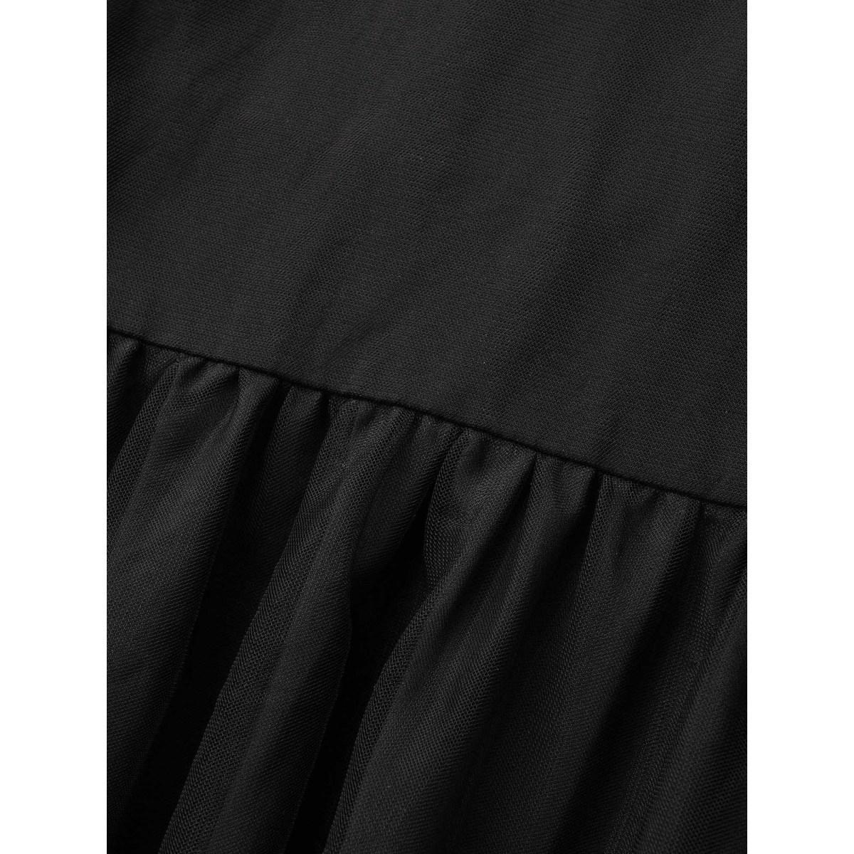 Plus Size Heart Neckline Patchwork Mesh Elastic Waist Dress Black Women Elegant See through Heart neckline Short sleeve Curvy BloomChic 12/L Product Image