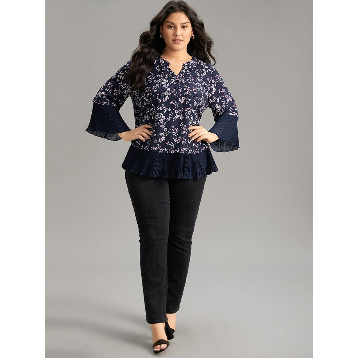 Plus Size Indigo Ditsy Floral Pleated Cuffs Patchwork Blouse Women Elegant Elbow-length sleeve V-neck Dailywear Blouses BloomChic 18-20/2X Product Image