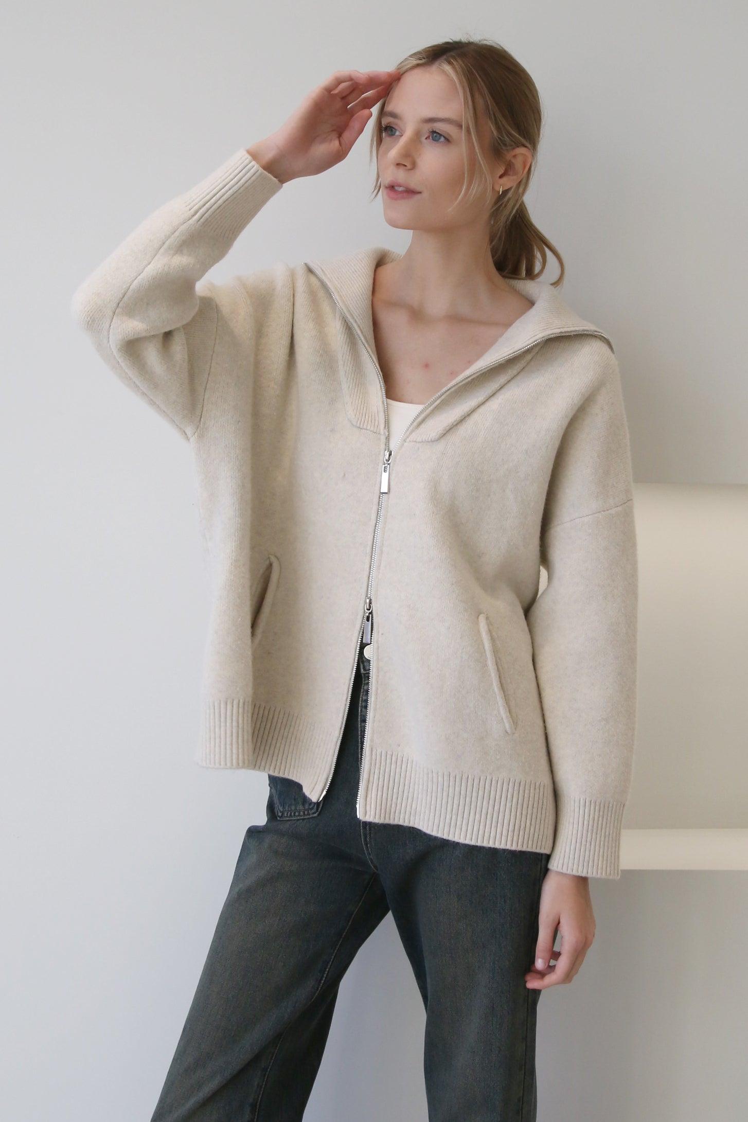 Dual Zip Large Collar Sweater Cream Product Image