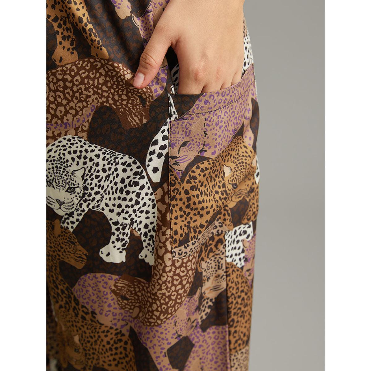 Plus Size Leopard Print Elastic Waist Straight Leg Pants Women Multicolor Casual Wide Leg High Rise Dailywear Pants BloomChic 28/5X Product Image