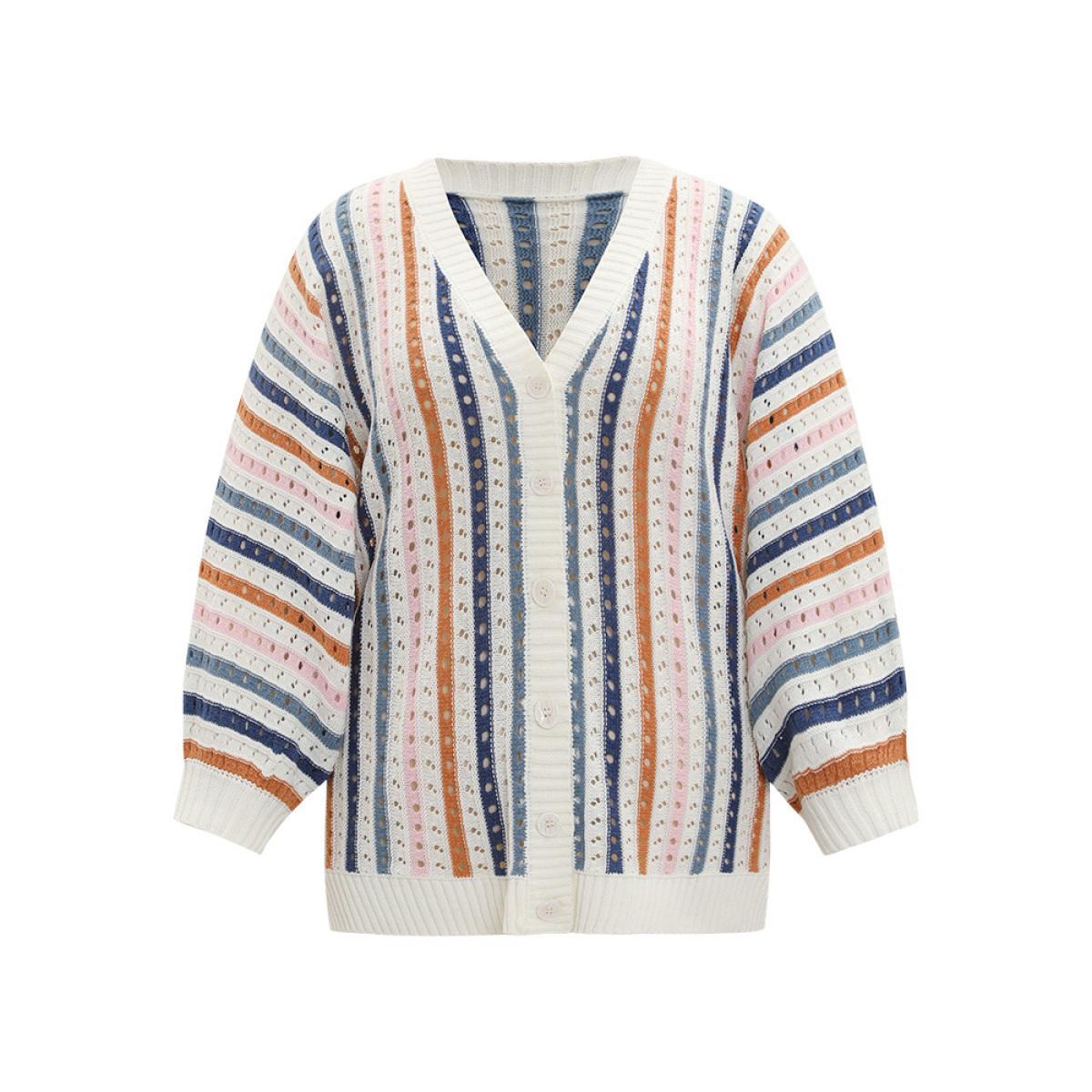 Plus Size Rainbow Striped Button Through Eyelet Cardigan Multicolor Women Casual Loose Long Sleeve Dailywear Cardigans BloomChic 14-16/1X Product Image
