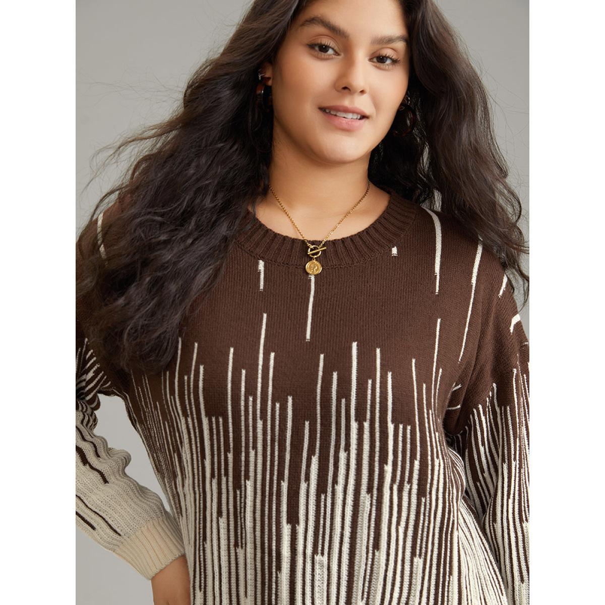 Plus Size Striped Ombre Textured Elastic Cuffs Pullover DarkBrown Women Casual Loose Long Sleeve Round Neck Everyday Pullovers BloomChic 14-16/1X Product Image
