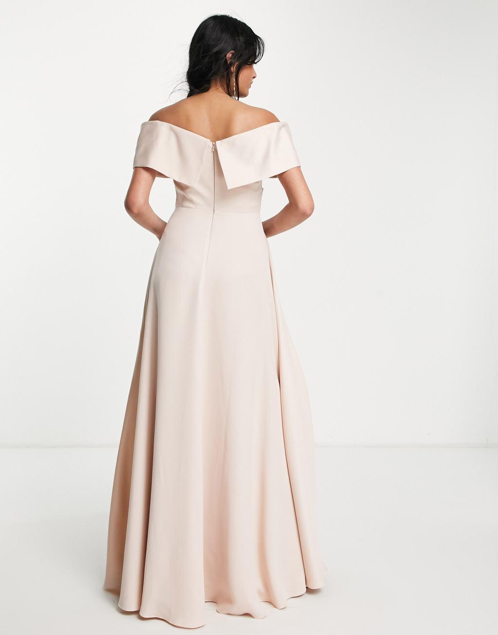 ASOS DESIGN Bridesmaid satin bardot maxi dress with full skirt in sage green Product Image
