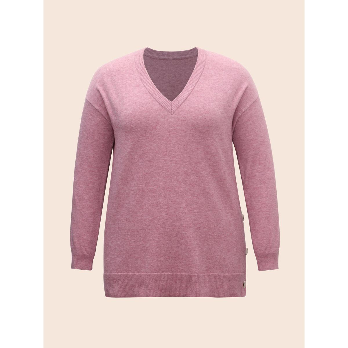Plus Size Supersoft Essentials Button Slit Hem Pullover DustyPink Women Casual Long Sleeve V-neck Everyday Pullovers BloomChic 18-20/2X Product Image