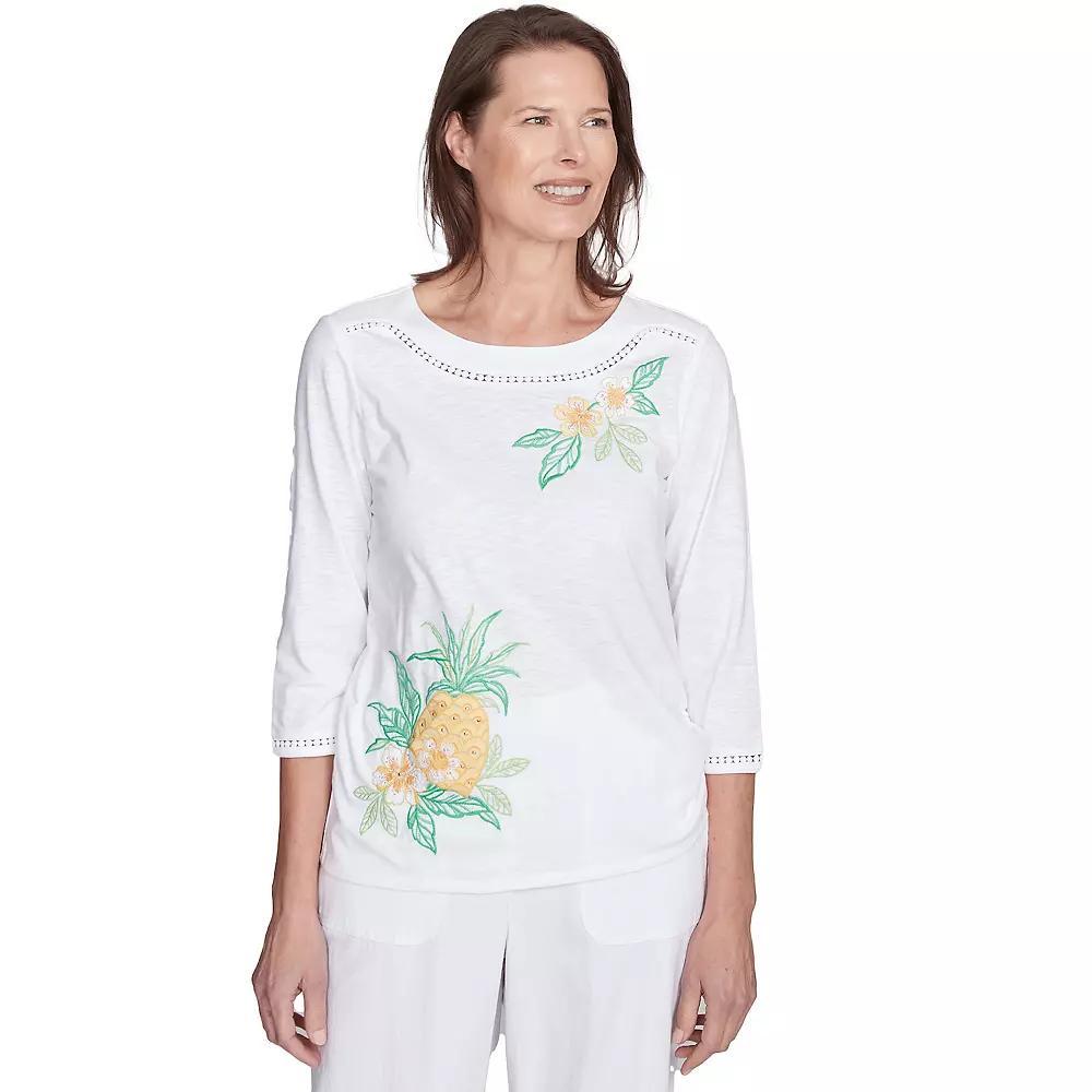 Petite Alfred Dunner Embroidered Pineapple Top, Women's, Size: Medium Petite, White Team Product Image