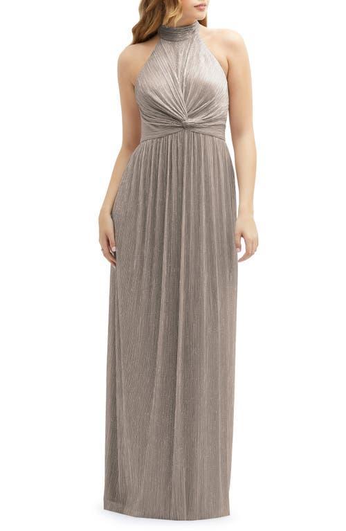 After Six Womens Band Collar Halter Open-Back Metallic Pleated Maxi Dress Product Image