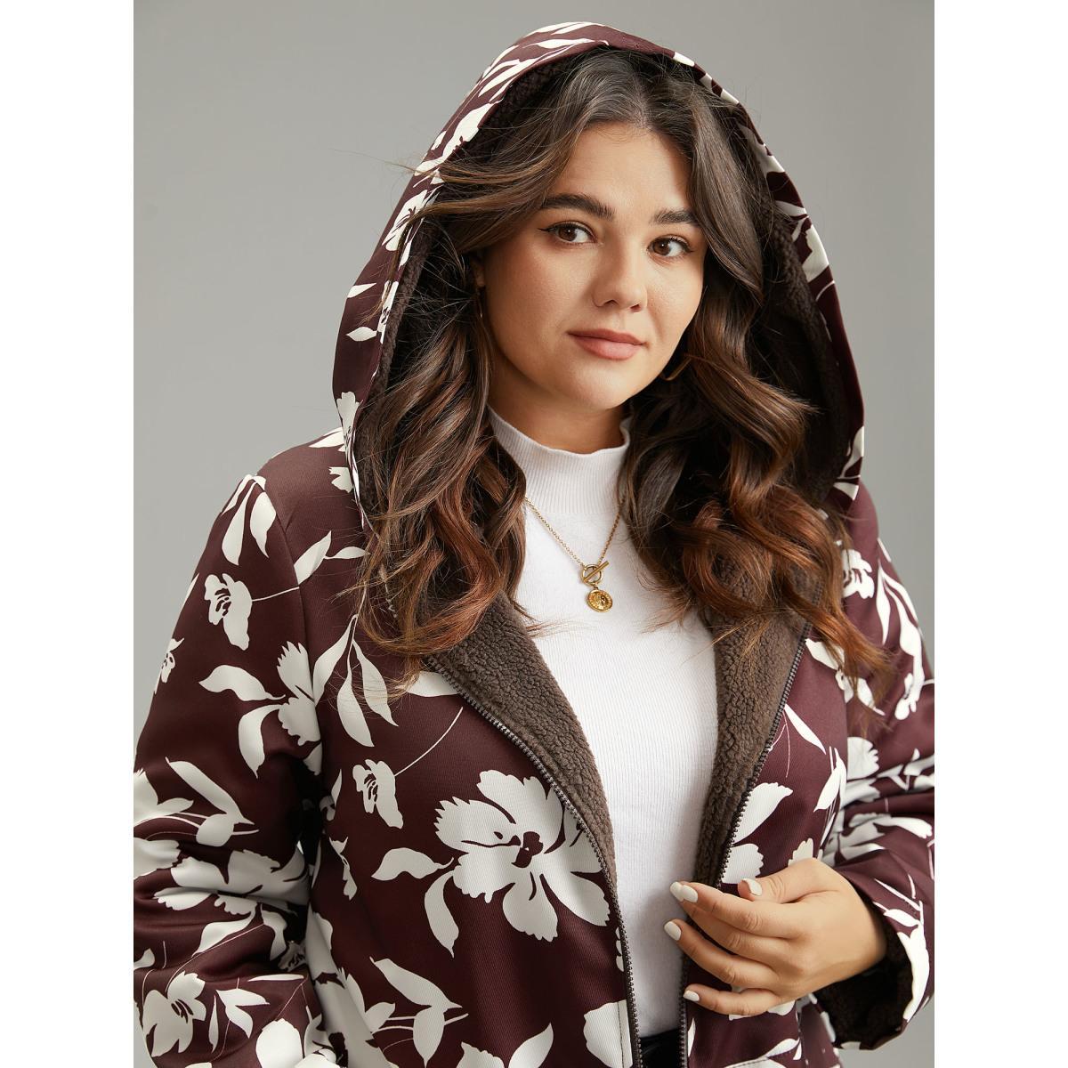 Plus Size Silhouette Floral Print Fuzzy Zipper Hooded Coat Women Scarlet Casual Lined Ladies Dailywear Winter Coats BloomChic 18-20/2X Product Image