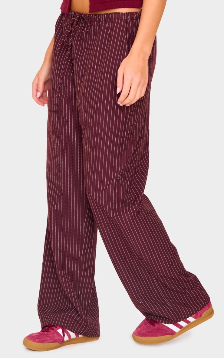 Burgundy Pinstripe Woven Drawstring Waist Low Rise Relaxed Pants Product Image
